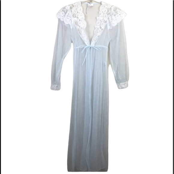 Vintage Other - Vintage regency lace blue semi sheer maxi lingerie robe